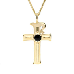 9ct Yellow Gold Whitby Jet Celtic Cross Necklace P196