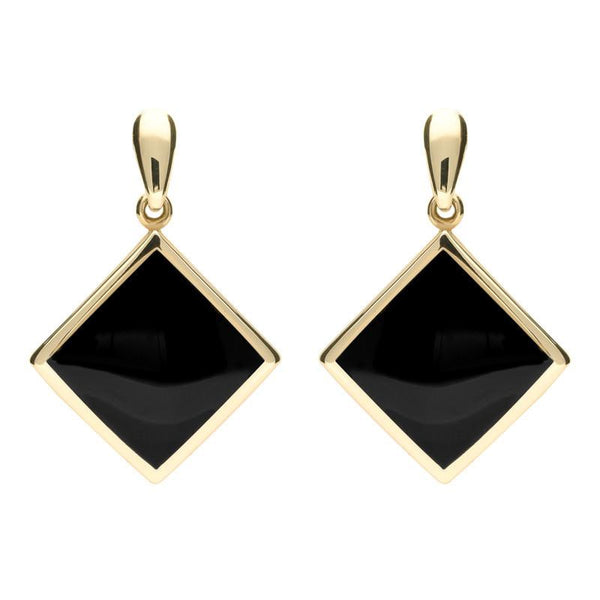 9ct Yellow Gold Whitby Jet Rhombus Drop Earrings, E078.