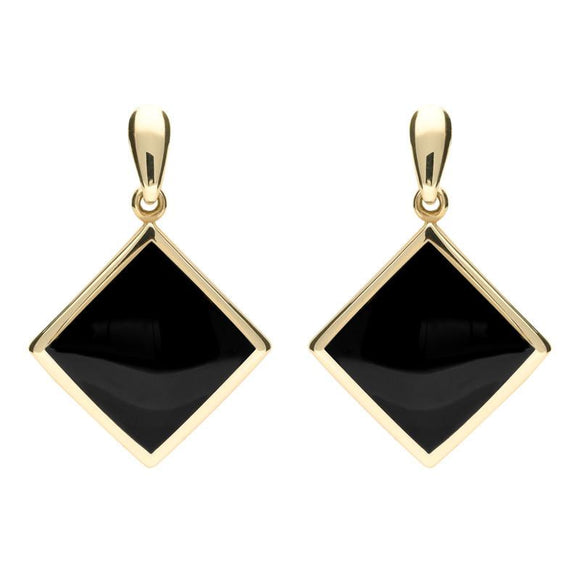 9ct Yellow Gold Whitby Jet Rhombus Drop Earrings, E078.