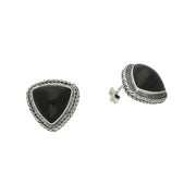 Sterling Silver Whitby Jet Foxtail Triangular Large Stud Earrings. E1843.