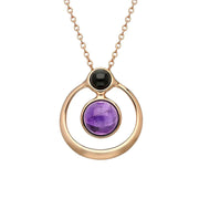 Rose Gold Vermeil Whitby Jet Amethyst Two Stone Open Circle Necklace, P3483C.