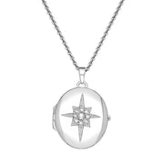 00119447 Sterling Silver Cubic Zirconia Star Centre Oval Keepsake Locket, P2630.