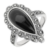 Silver Whitby Jet Marcasite Pear Centre Beaded Edge Ring R823