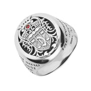 Silver Whitby Jet Ruby Dracula Crest Replica Signet Ring. R622. 