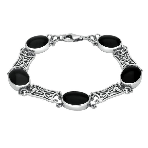 Sterling Silver Whitby Jet Five Stone Pierced Oval Bracelet B024