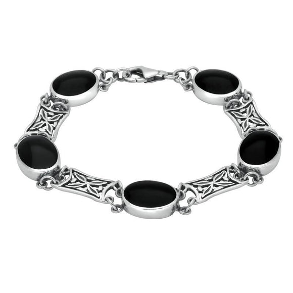 Sterling Silver Whitby Jet Five Stone Pierced Oval Bracelet B024