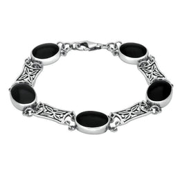 Sterling Silver Whitby Jet Five Stone Pierced Oval Bracelet B024