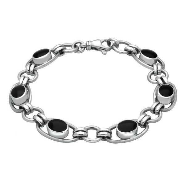 Sterling Silver Whitby Jet Heritage Oval Loop Link Bracelet. B183.