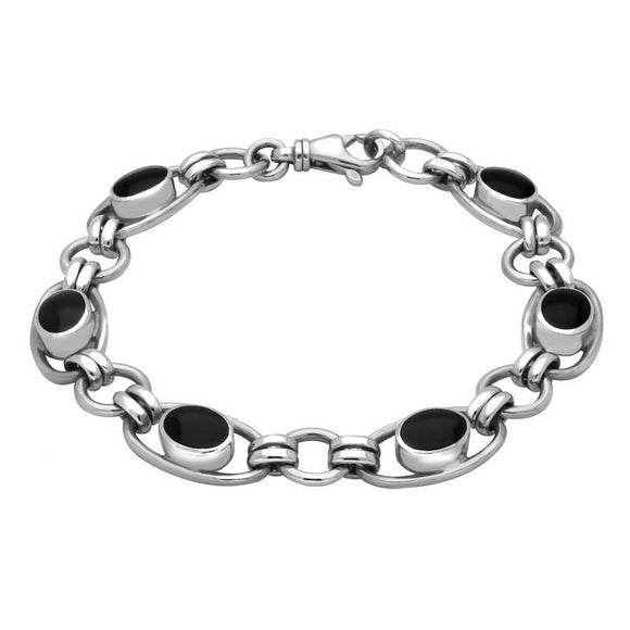 Sterling Silver Whitby Jet Heritage Oval Loop Link Bracelet. B183.