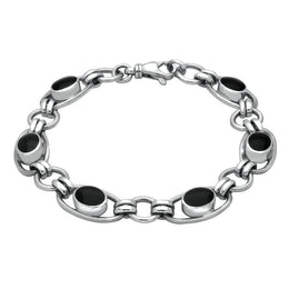 Sterling Silver Whitby Jet Heritage Oval Loop Link Bracelet. B183.