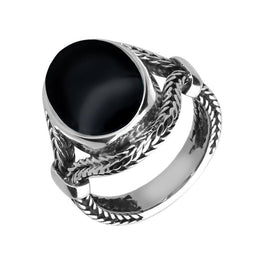 Sterling Silver Whitby Jet Foxtail Oval Split Shoulder Ring. R859.