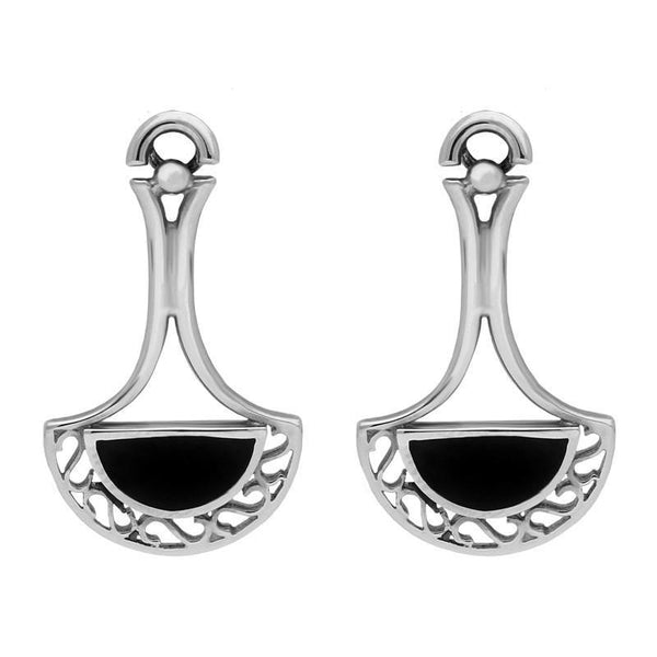 Sterling Silver Whitby Jet Heritage Pierced Fan Drop Earrings. E290.