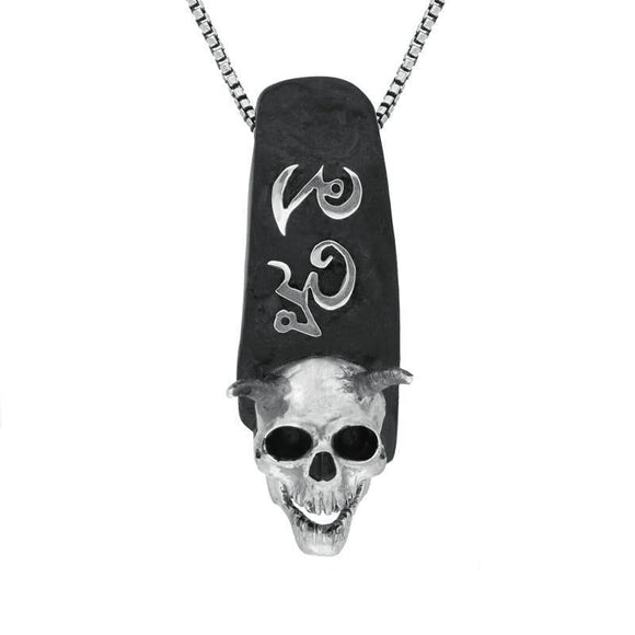 Silver Whitby Jet Skull With Horns Necklace PUNQ0004863