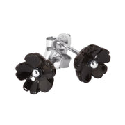 Sterling Silver Whitby Jet Small 5 Petal Carved Stud Earrings. E1327.