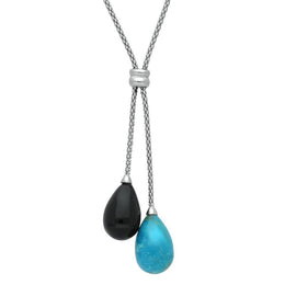 Sterling Silver Whitby Jet & Turquoise Two Stone Drop Necklace, N462.
