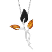 Sterling Silver Whitby Jet Amber Triple Stem Leaf Necklace P2164