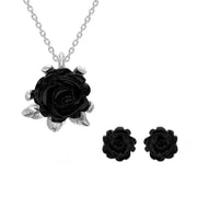 Sterling Silver Whitby Jet Carved Rose Leaf Two Piece Set,