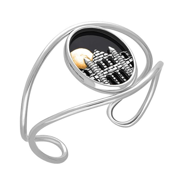 Sterling Silver Whitby Jet Gold Vermeil Moon and Abbey Cuff Bangle B1245