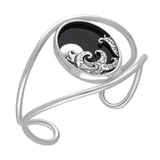 Sterling Silver Whitby Jet Gothic Moon and Wave Cuff Bangle, B1243