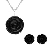 Sterling Silver Whitby Jet Large Carved Rose Two Piece Set