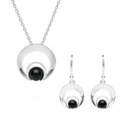 Sterling Silver Whitby Jet Round Open Circle Two Piece Set