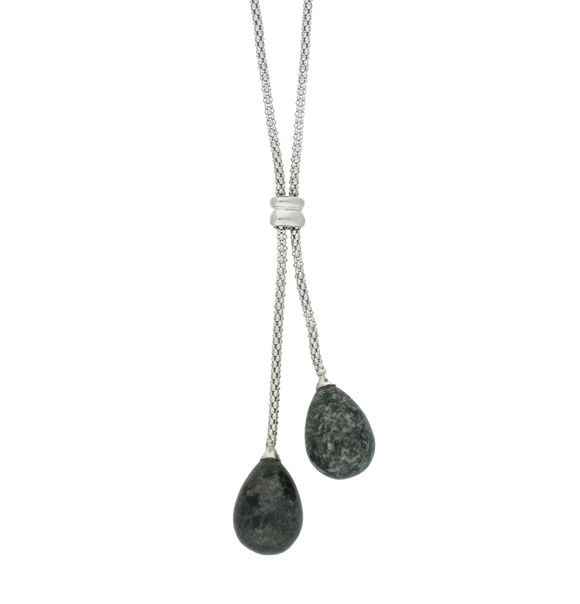 Sterling Silver Preseli Bluestone Two Stone Dropper Necklace, N462.