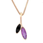 Sterling Silver Rose Gold Vermeil Whitby Jet Amethyst Two Leaf Drop Necklace P2179C