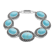 Turquoise Bracelet Seven Stone Oval Marcasite Silver B877