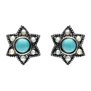 Sterling Silver Turquoise Pearl 6 Point Star Stud Earrings. E1638.