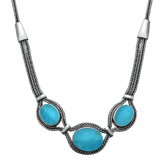Sterling Silver Turquoise Three Stone Oval Foxtail Necklace N971