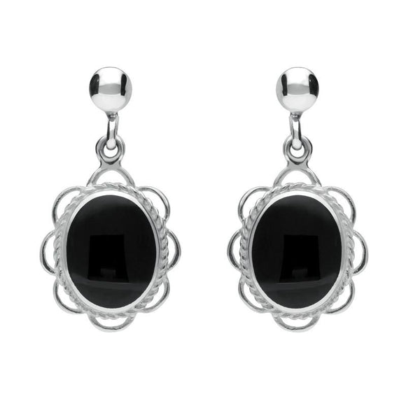 Sterling Silver Whitby Jet Large Oval Rope Frill Drop Earrings E080