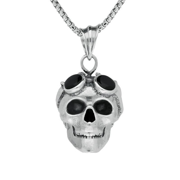 Sterling Silver Whitby Jet Large Skull Goggles Necklace, PUNQ0004625.