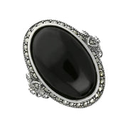 Sterling Silver Whitby Jet Marcasite Frame Large Oval Ring R784