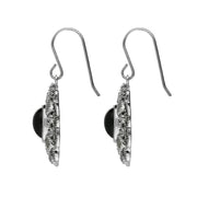 Sterling Silver Whitby Jet Marcasite Lace Edge Oval Drop Earrings E2148