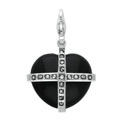 Sterling Silver Whitby Jet Marcasite Small Cross Heart Charm G783