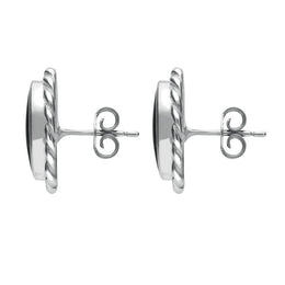 Sterling Silver Whitby Jet Rope Edge Oval Stud Earrings. E289.