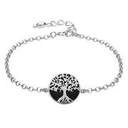 Sterling Silver Whitby Jet Round Tree of Life Chain Bracelet B1140