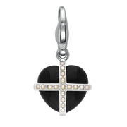 Sterling Silver Whitby Jet Seventeen Pearl Small Cross Heart Charm G770