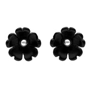 Sterling Silver Whitby Jet Small 5 Petal Carved Stud Earrings. E1327.