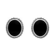 Sterling Silver Whitby Jet Small Oval Rope Edge Stud Earrings. E137.