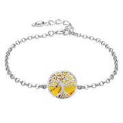 Sterling Silver Amber Round Tree of Life Chain Bracelet B1140