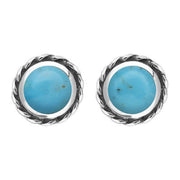 Sterling Silver Turquoise Round Twist Edge Stud Earrings. E134.