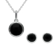 Sterling Silver Whitby Jet Round Stone Brushed Edge Two Piece Set S075