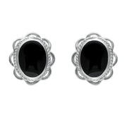 00069558 C W Sellors Sterling Silver Whitby Jet Large Rope Oval Frill Stud Earrings, E079.