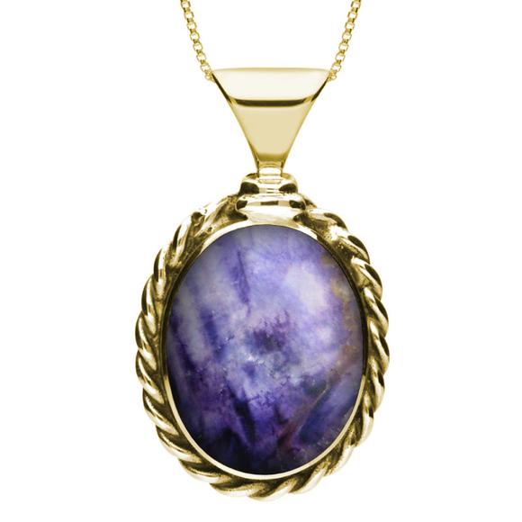 9ct Yellow Gold Blue John Large Oval Rope Edge Necklace. P131