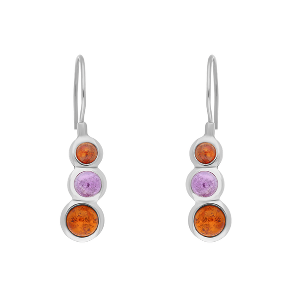 Sterling Silver Amber Amethyst Tapered Round Drop Earrings, E1157.