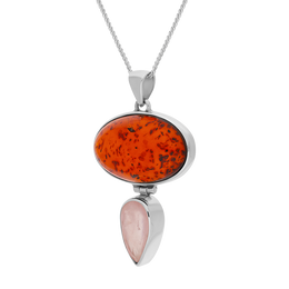 Sterling Silver Amber Rose Quartz Large Oval Two Stone Drop Necklace, PUNQ0001159_2.