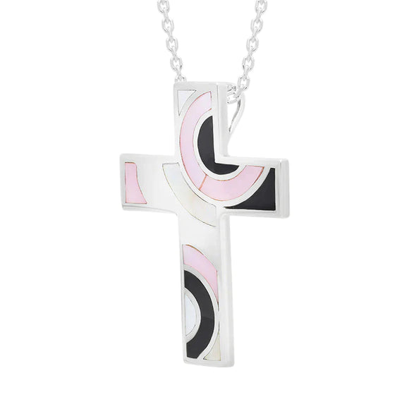 Sterling Silver Whitby Jet Mother of Pearl Cross Necklace D