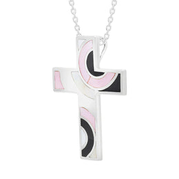 Sterling Silver Whitby Jet Mother of Pearl Cross Necklace D