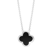 Sterling Silver Whitby Jet Bloom Large Four Leaf Clover Polished Edge Pendant, N1153